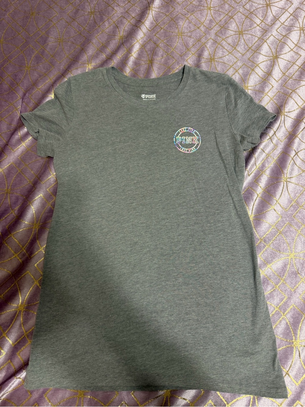 💥 WOMENS PINK Victoria's Secret Heather Charcoal Grey Short Sleeve Logo Tee